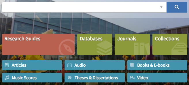 big search box + research guides, databases, journals, articles, etc