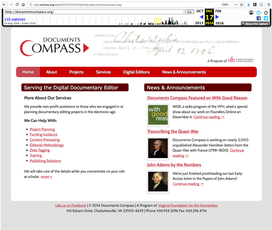 Documents Compass landing page, with subtitle, serving the documentary editor