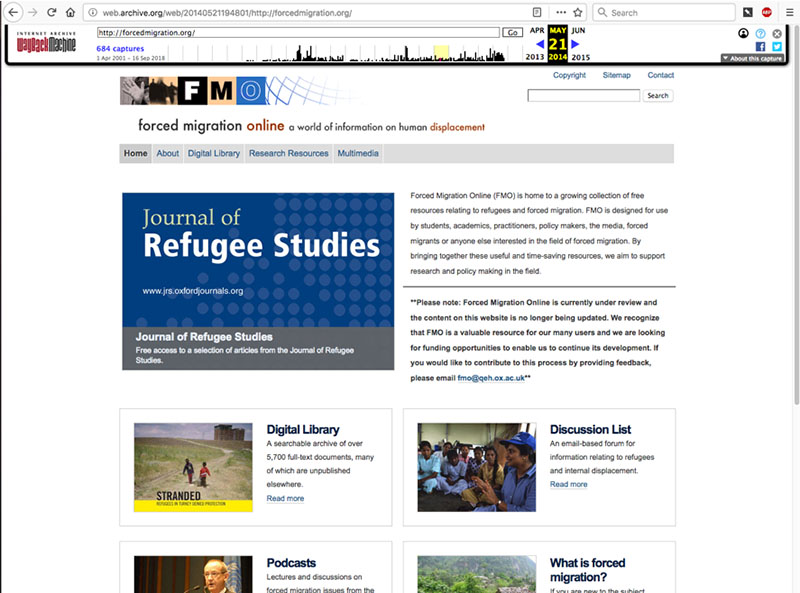 Screenshot of ForcedMigration.org in 2014. Page highlights the Journal of Refugee Studies