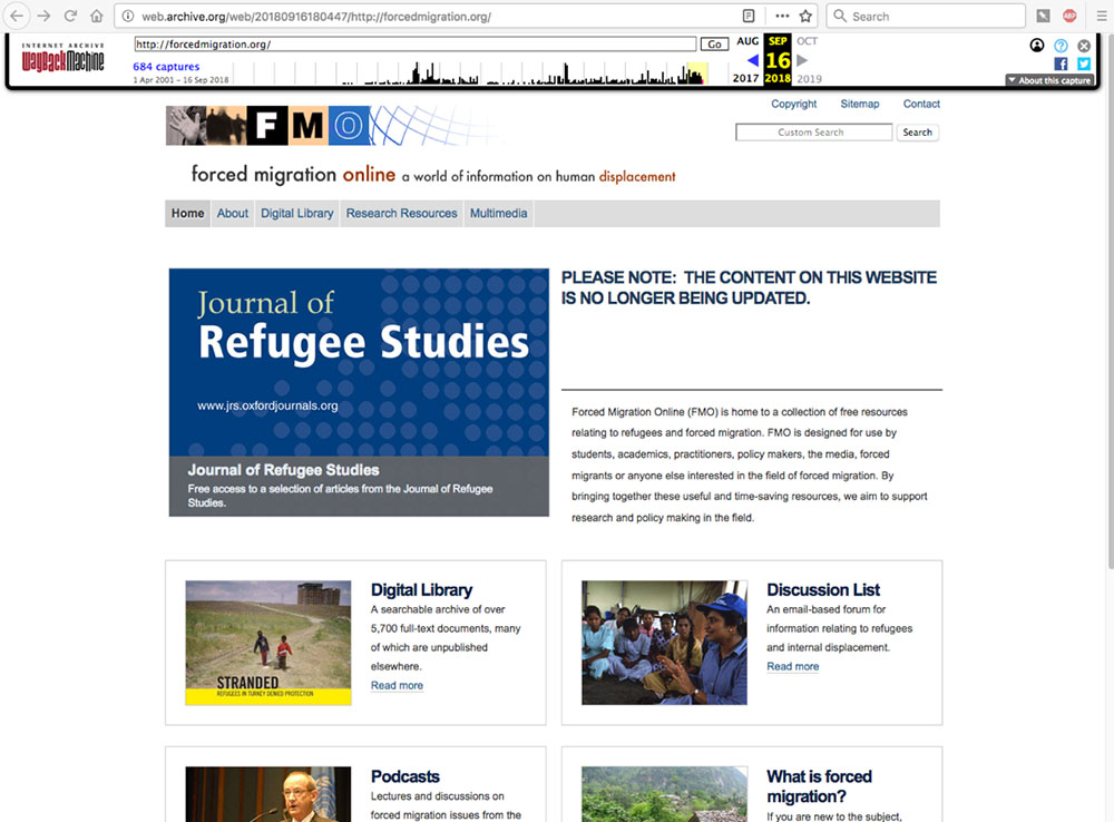 Screenshot of ForcedMigration.org in 2018. Page highlights has a large alert: Please note: the content on this website is no longer being updated.