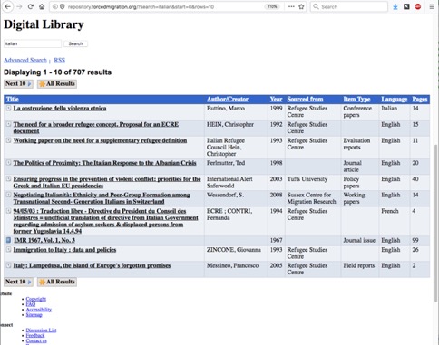 Forced Migration Online's Digital Library, listing  titles like 'Immigration to Italy, data and policies'