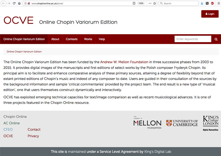Screenshot of the OCVE with the text, The Online Chopin Variorum Edition has been funded by the Andrew W. Mellon Foundation in three successive phases from 2003 to 2015...