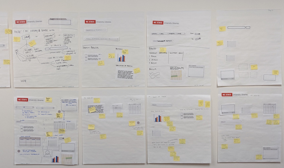 Eight wireframes with sticky notes stuck to the wall