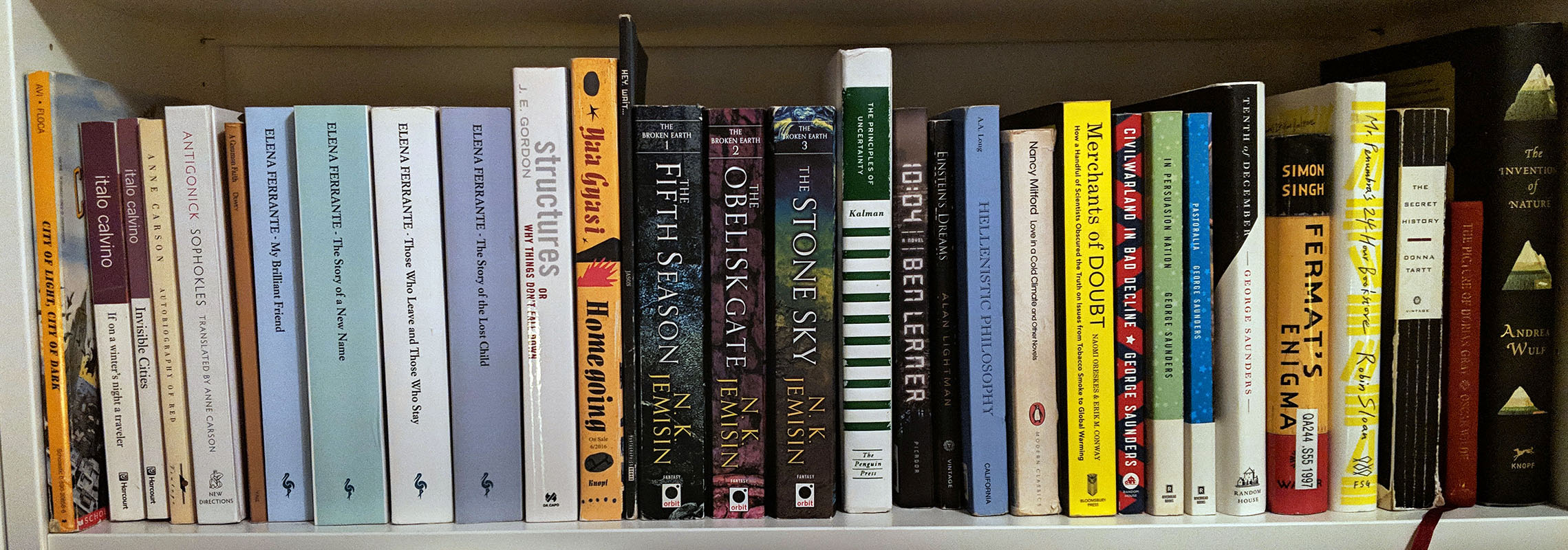 Bookshelf of mostly fiction books