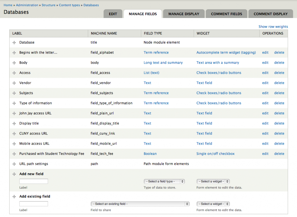 'Database' content type fields (click for larger)