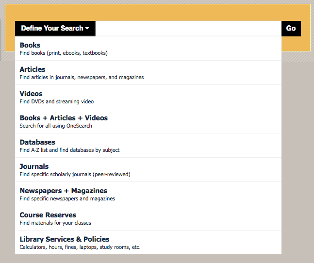 Define Your Search dropdown