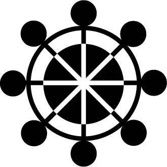 Black and white pictogram of table with people around it