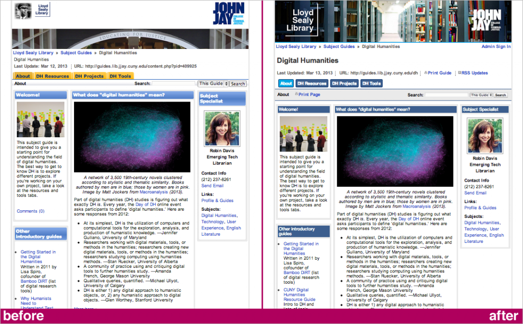 One LibGuide before and after (click for larger)