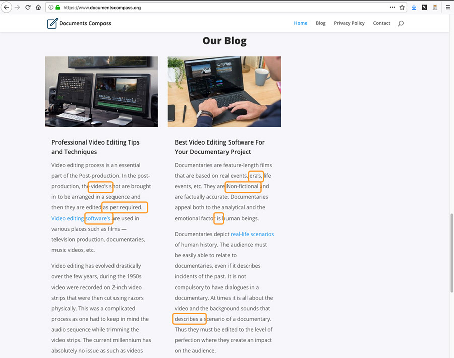 Blog posts with the plural of videos spelled with an apostrophe, in misspelled as is, and other typos