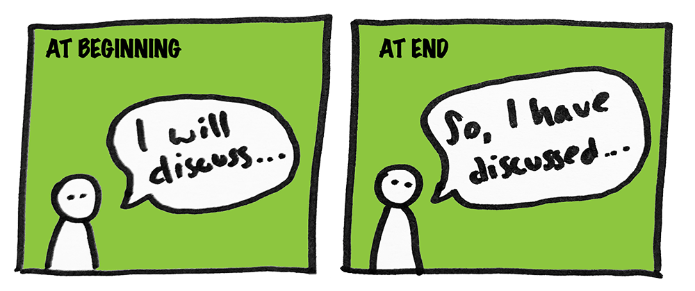 At beginning: I will discuss... At end: So, I have discussed...